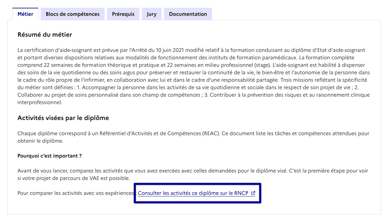 Accéder à la fiche RNCP de la certification depuis la page certification France VAE pour compléter le dossier de faisabilité candidat
