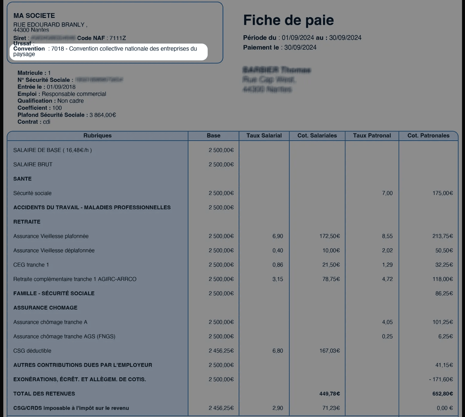 Exemple de bulletin de paie avec mention de la convention collective