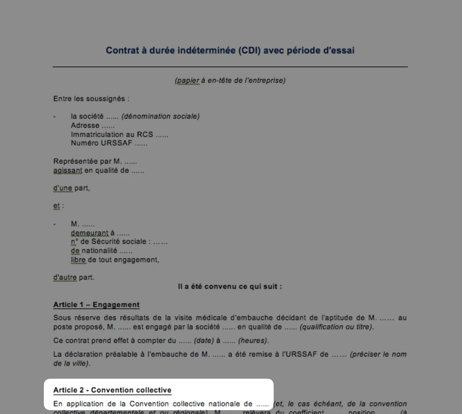 Exemple de contrat de travail avec mention de la convention collective